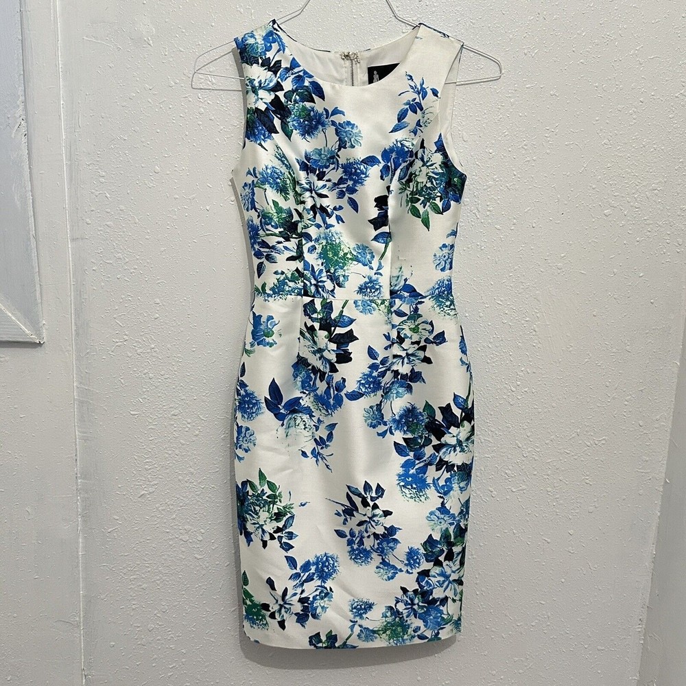 Mac Duggal Women Sz 2 White Blue Floral Sheath Cocktail Dress 50s Inspired Retro